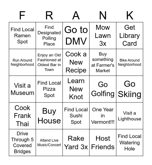 Vermont BINGO Card