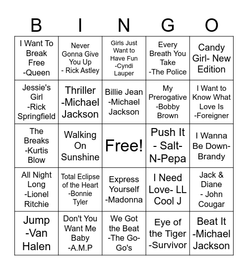 Hip Hop & R & B Music Bingo Card