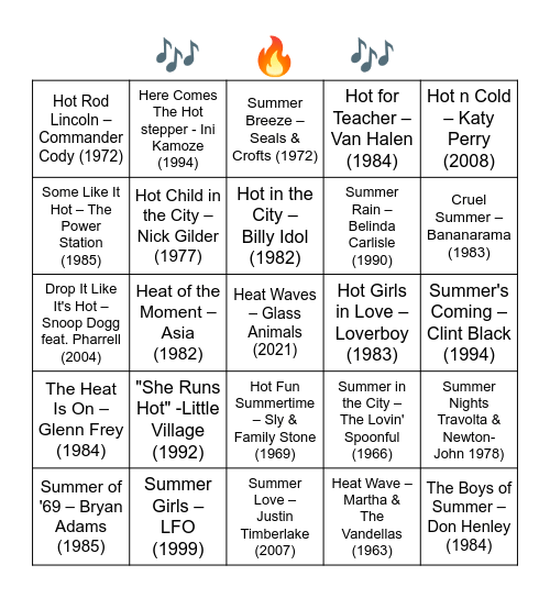 "HOT, "HEAT" & SUMMER SONGS Bingo Card