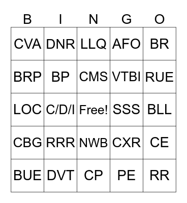 Nursing Abbreviations Bingo Card