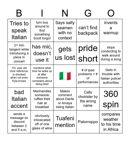 Scott Italy Tour Bingo Card