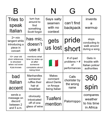 Scott Italy Tour Bingo Card