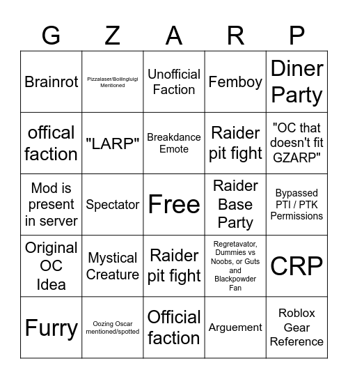 GZARP Bingo Card
