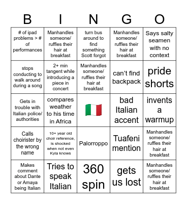 Scott Italy Tour Bingo Card