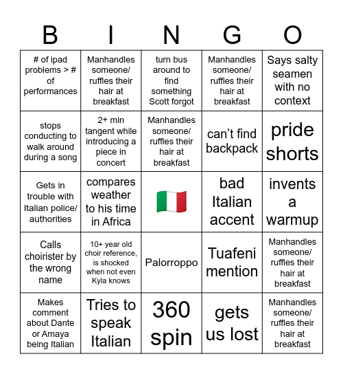 Scott Italy Tour Bingo Card