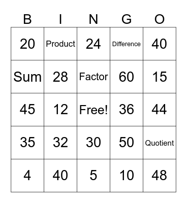 Intro Vocabulary, Multiplication Facts 4's and 5's Bingo Card