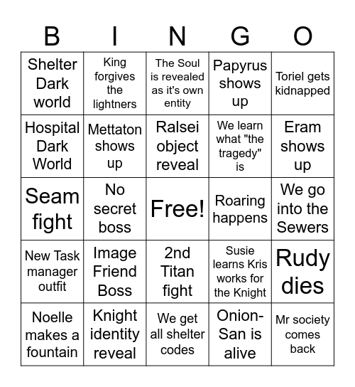 Deltarune chapter 6 Bingo Card