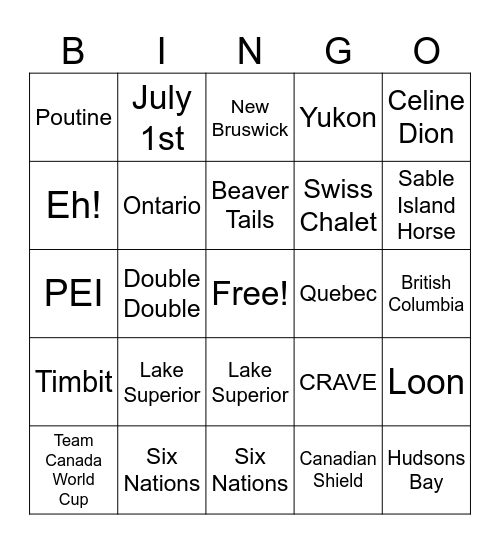 CANADA DAY Bingo Card