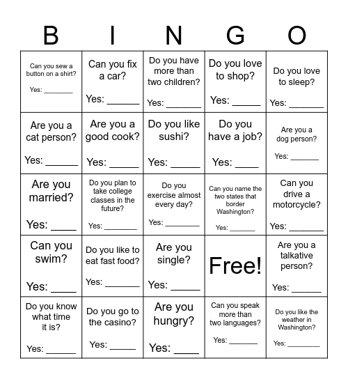 LEVEL 3: Present Simple Questions: Can Do Are Have Bingo Card