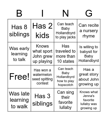 Jenna and John's Baby Shower Bingo Card