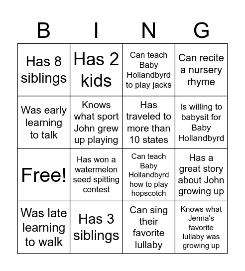 Jenna and John's Baby Shower Bingo Card