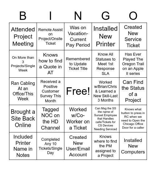 Team Bingo Card