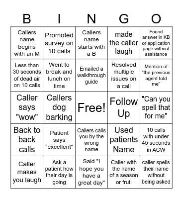 Call Bingo Card