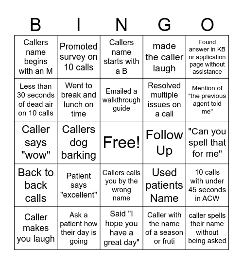 Call Bingo Card