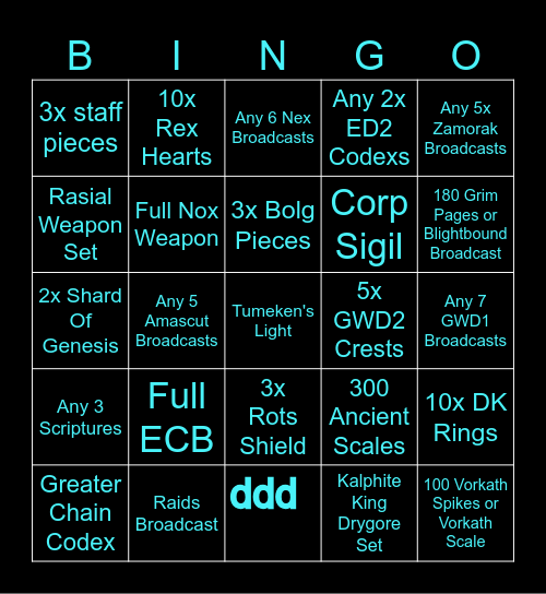 RS3 Boss Hub Bingo Card