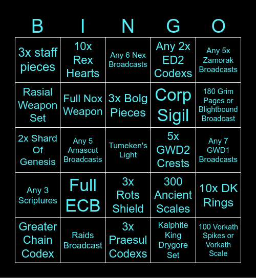 RS3 Boss Hub Bingo Card