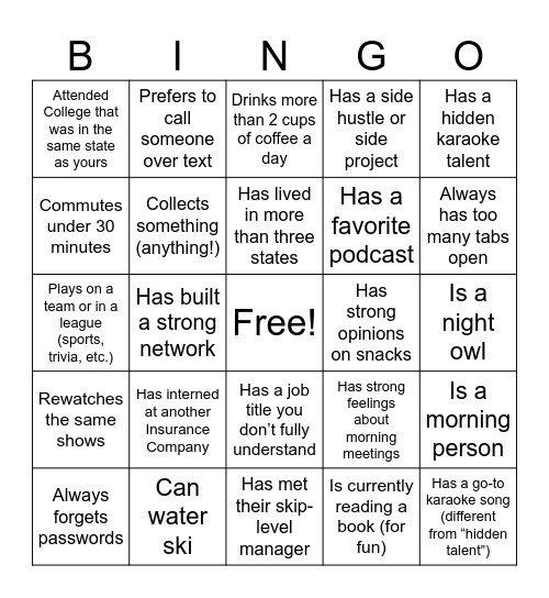 Meet and Greet - Interns and Trainees Bingo Card