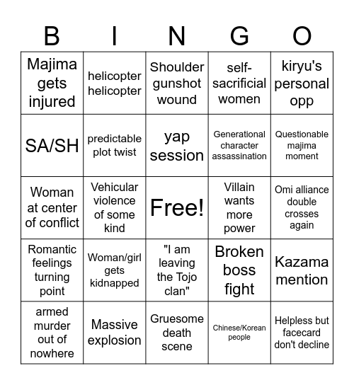 Yakuza Game Bingo Card