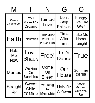 80's Feel‑Good Music Bingo Card