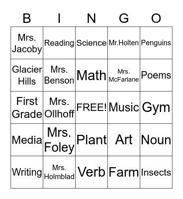 First Grade Bingo Card