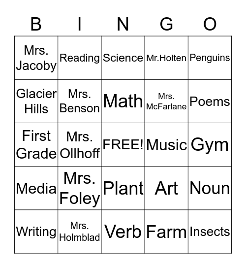 First Grade Bingo Card