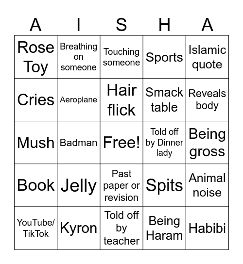 Aisha Bingo Card