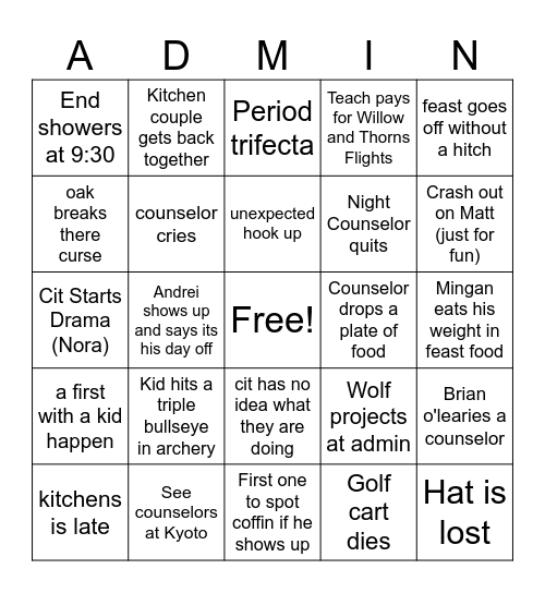 2026 Summer Camp Bingo Card