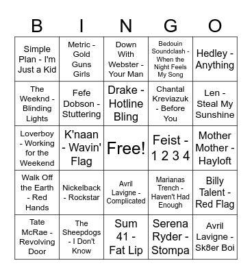 Canadian Music Round Bingo Card