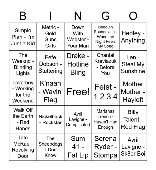 Canadian Music Round Bingo Card
