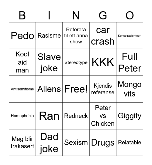 family guy Bingo Card