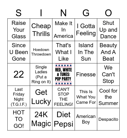 Red, White & Tunes: Pop Party Singo - 40 songs Bingo Card