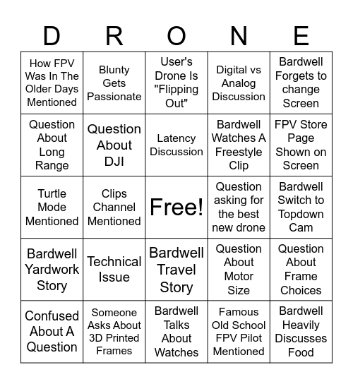 Bardwell Q&A Livestream Bingo Card