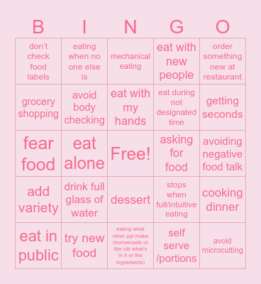 nutrition bingo Card
