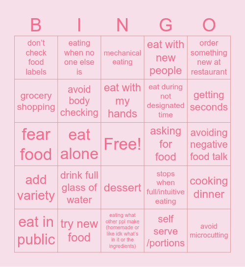 nutrition bingo Card