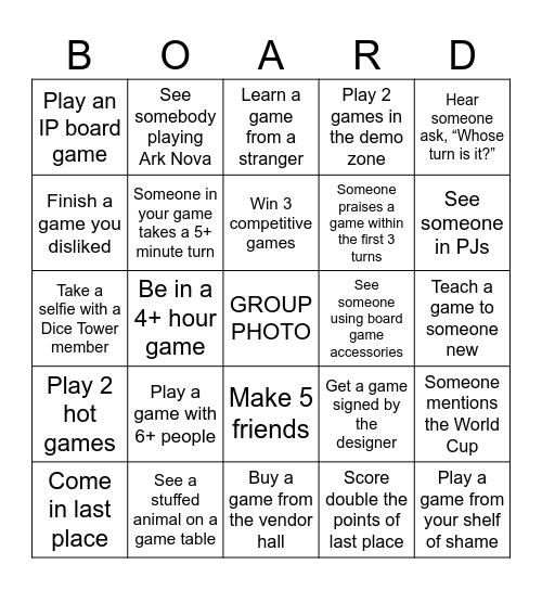 Board Game Bingo Card