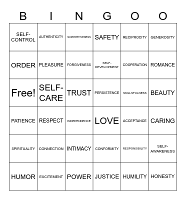 Values Bingo Card