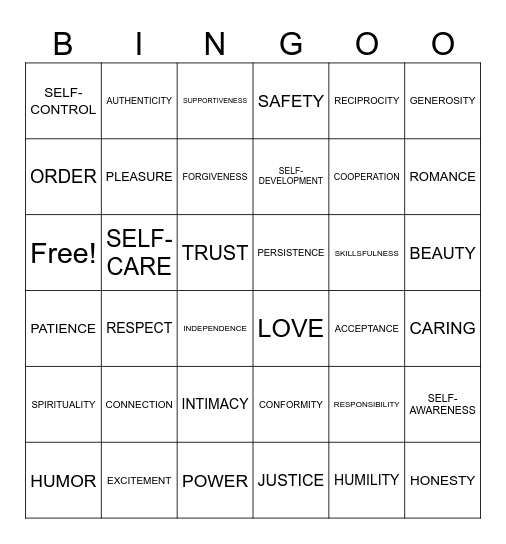 Values Bingo Card