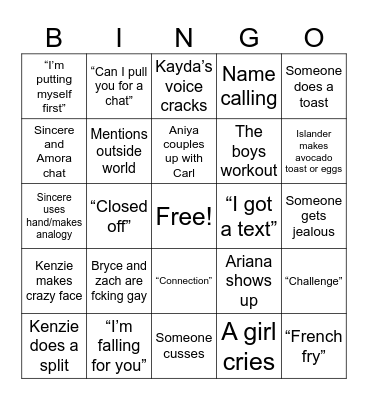 Love Island Bingo Card