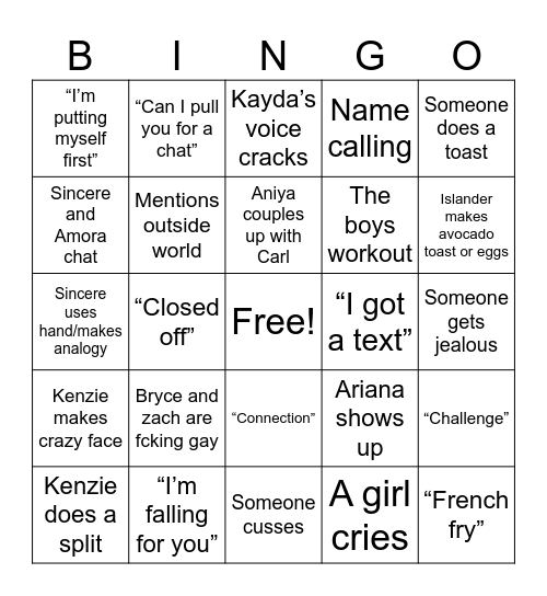 Love Island Bingo Card