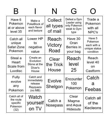 Pokemon Emerald Lockout Bingo 2 Bingo Card