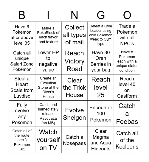 Pokemon Emerald Lockout Bingo 2 Bingo Card