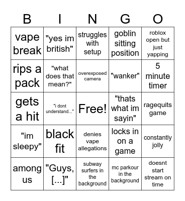 katies stream bingo Card