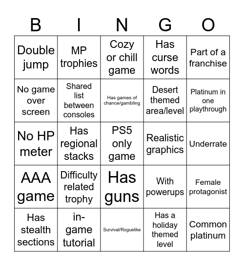 Monthly Platinum Bingo Card