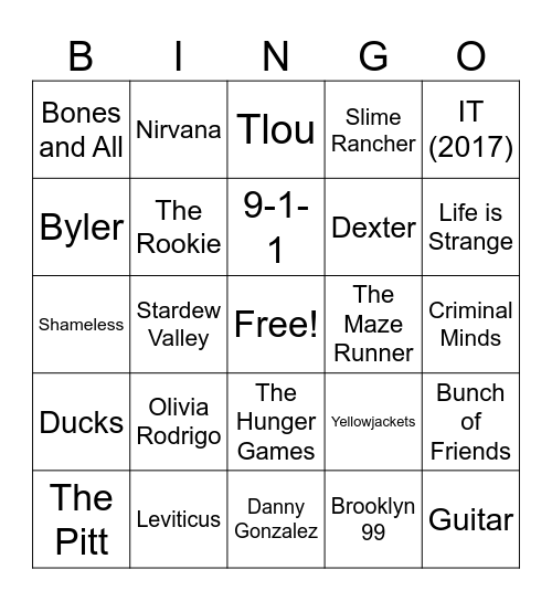 My Interests Bingo Card