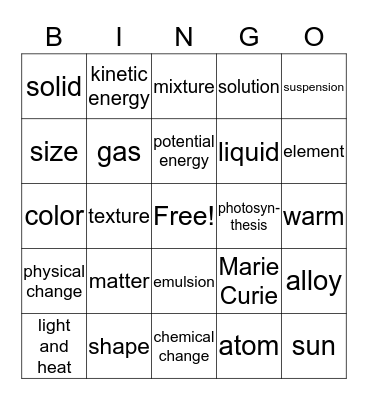 Science Bingo Card