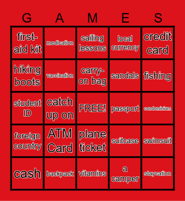 Vacation Bingo Card