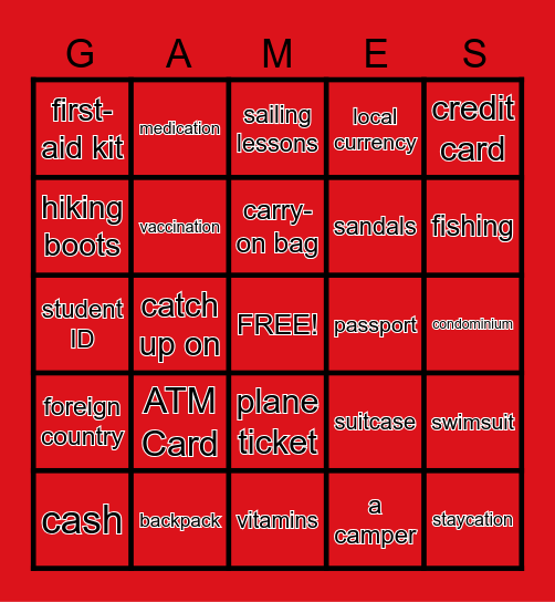 Vacation Bingo Card