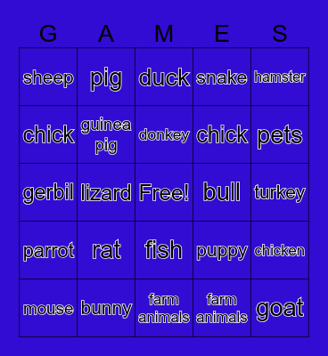 pets & farm animals Bingo Card