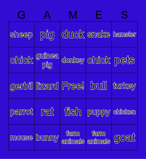 pets & farm animals Bingo Card