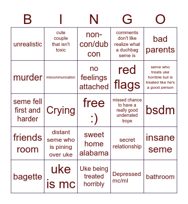 Yaoi Bingo Card